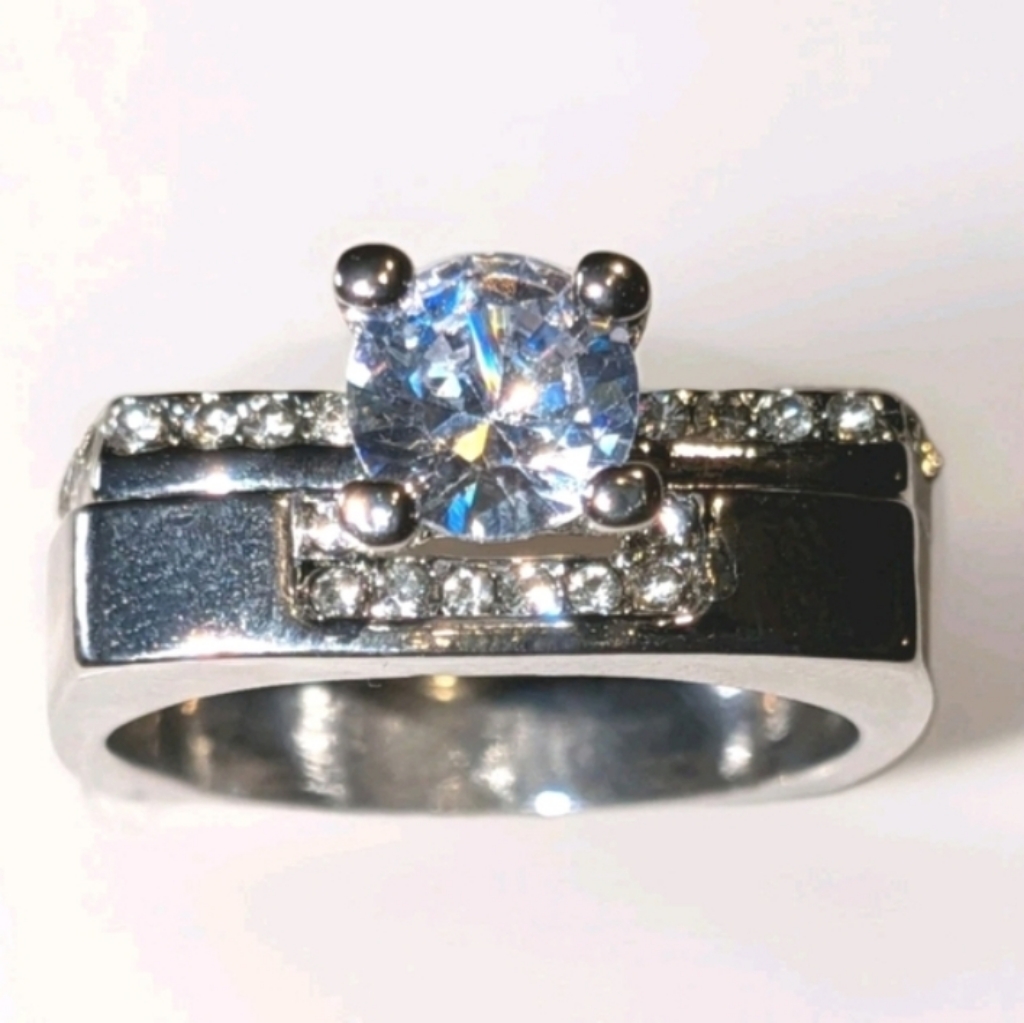 Mens Silver-Tone Clear Cubic Zirconia Ring 2pc Set Sz 10